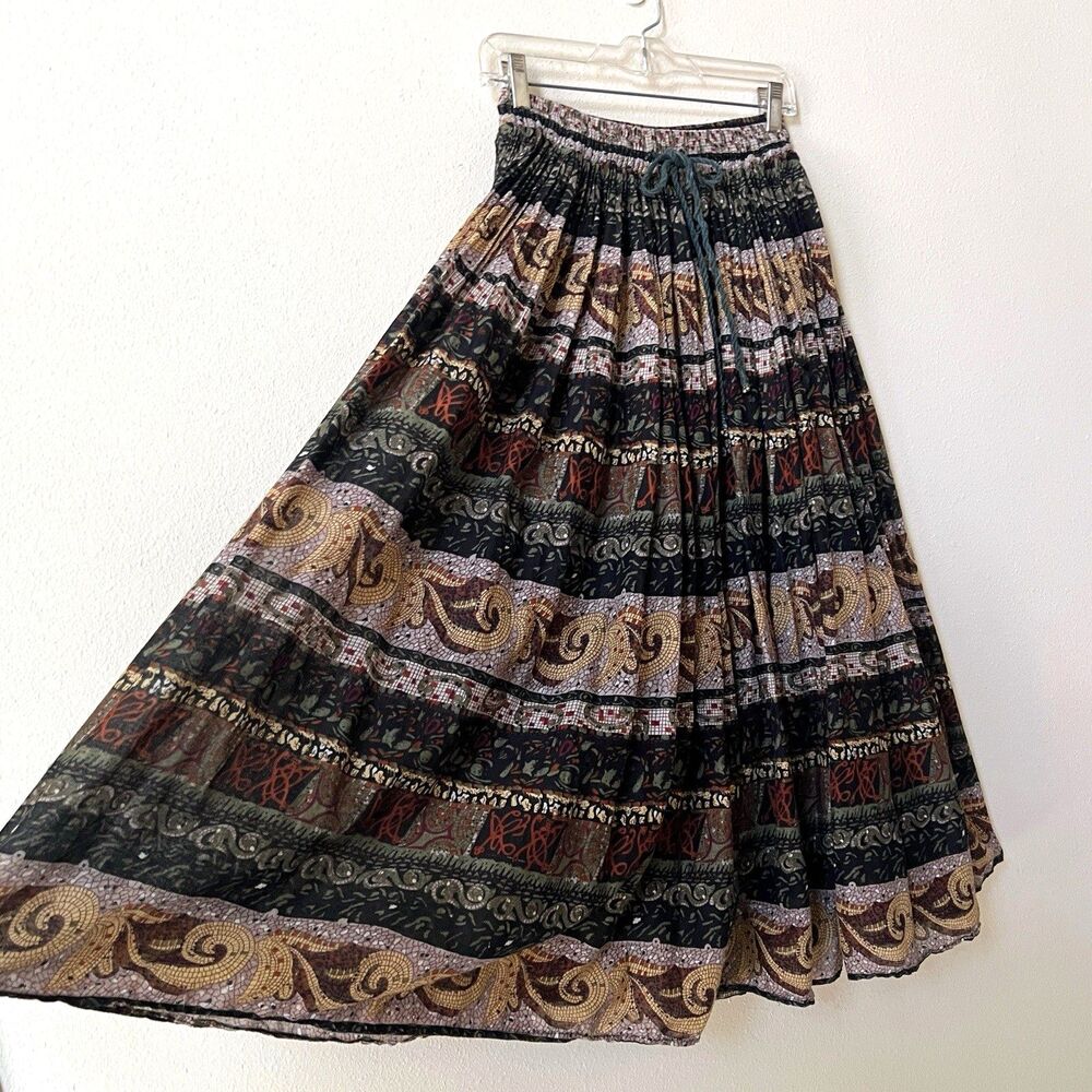 Vintage Gauze Cotton Midi Skirt Women’s Medium Drawstring Boho Cottagecore 90s